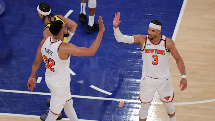May 29, 2025; New York, New York, USA; New York Knicks center Karl-Anthony Towns (32) and guard Josh Hart (3) react in the fourth quarter against the Indiana Pacers during game five of the eastern conference finals for the 2025 NBA Playoffs at Madison Square Garden. Mandatory Credit: Brad Penner-Imagn Images
