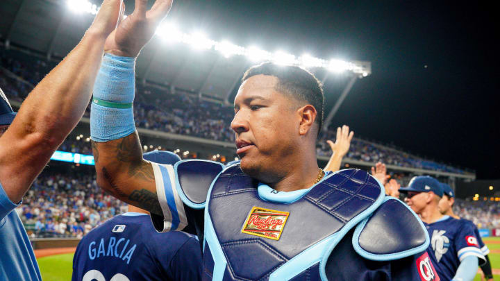 Kansas City Royals catcher Salvador Perez (13) celebrates with team mates after the win over the Philadelphia Phillies at Kauffman Stadium on Aug 23.