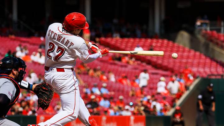 Aug 17, 2026; Cincinnati, Ohio, USA; Cincinnati Reds first baseman Sal Stewart (27) hits a double in the eighth inning against the St. Louis Cardinals at Great American Ball Park. Mandatory Credit: Katie Stratman-Imagn Images Aug 17, 2026; Cincinnati, Ohio, USA; Cincinnati Reds first baseman Sal Stewart (27) hits a double in the eighth inning against the St. Louis Cardinals at Great American Ball Park. Mandatory Credit: Katie Stratman-Imagn Images