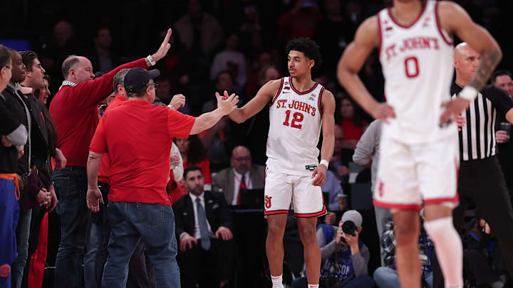 Connecticut v St. John's; St. John's basketball forward RJ Luis celebrates with fans as the Red Storm defeat UConn