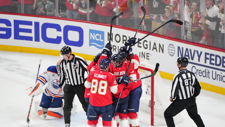 Jun 17, 2025; Sunrise, Florida, USA; Florida Panthers center Sam Reinhart (13) celebrates after his goal against the Edmonton Oilers with teammates during the second period in game six of the 2025 Stanley Cup Final at Amerant Bank Arena. 