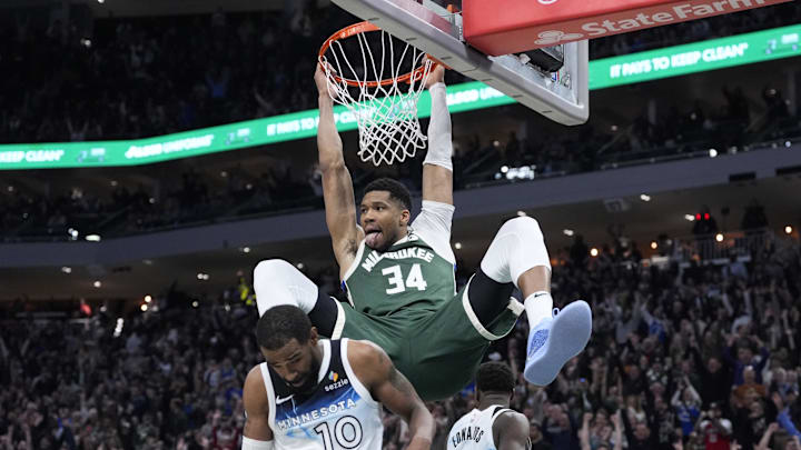 Apr 8, 2025; Milwaukee, Wisconsin, USA; Milwaukee Bucks forward Giannis Antetokounmpo (34) dunks the ball against Minnesota Timberwolves guard Mike Conley (10) in the second half at Fiserv Forum. Mandatory Credit: Michael McLoone-Imagn Images Apr 8, 2025; Milwaukee, Wisconsin, USA; Milwaukee Bucks forward Giannis Antetokounmpo (34) dunks the ball against Minnesota Timberwolves guard Mike Conley (10) in the second half at Fiserv Forum. Mandatory Credit: Michael McLoone-Imagn Images