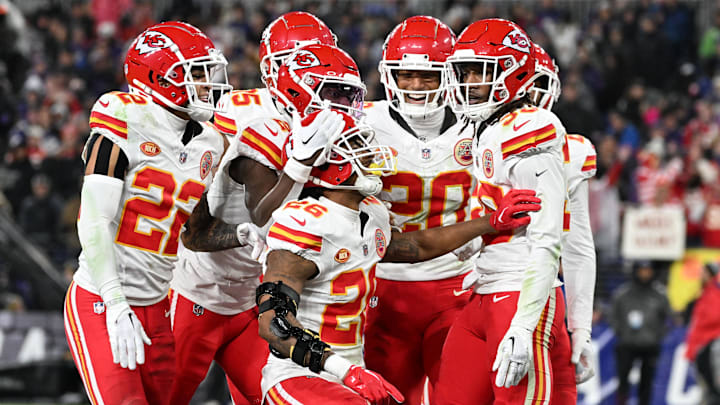 Jan 28, 2024; Baltimore, Maryland, USA; Kansas City Chiefs safety Deon Bush (26) celebrates with