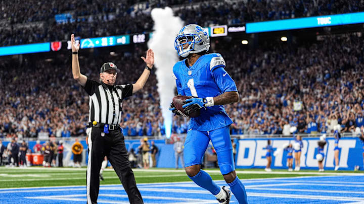 Lions wide receiver Jameson Williams (1) celebrates a touchdown against Chicago Bears Lions wide receiver Jameson Williams (1) celebrates a touchdown against Chicago Bears