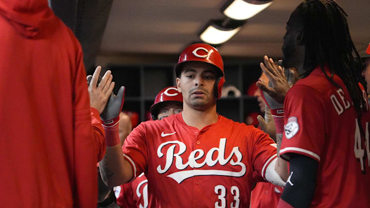 Apr 4, 2025; Milwaukee, Wisconsin, USA; Cincinnati Reds first base Christian Encarnacion-Strand (33) drives in a run against the Milwaukee Brewers in the eighth inning at American Family Field. Mandatory Credit: Michael McLoone-Imagn Images Apr 4, 2025; Milwaukee, Wisconsin, USA; Cincinnati Reds first base Christian Encarnacion-Strand (33) drives in a run against the Milwaukee Brewers in the eighth inning at American Family Field. Mandatory Credit: Michael McLoone-Imagn Images