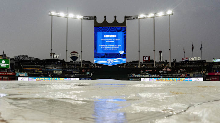 Jul 25, 2025; Kansas City, Missouri, USA; A general view of the video board announcing that the game between the Cleveland Guardians and the Kansas City Royals has been postponed at Kauffman Stadium. Mandatory Credit: Jay Biggerstaff-Imagn Images Jul 25, 2025; Kansas City, Missouri, USA; A general view of the video board announcing that the game between the Cleveland Guardians and the Kansas City Royals has been postponed at Kauffman Stadium. Mandatory Credit: Jay Biggerstaff-Imagn Images