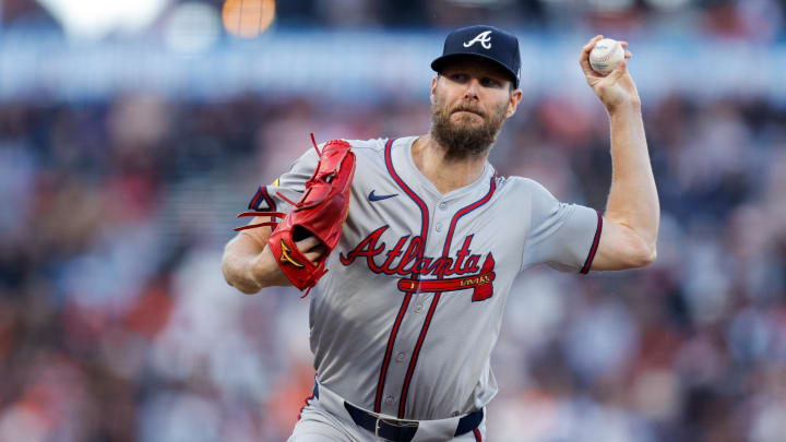 Aug 12, 2024; San Francisco, California, USA; Atlanta Braves pitcher Chris Sale (51) throws a pitch during the first inning against the San Francisco Giants at Oracle Park. Mandatory Credit: Sergio Estrada-USA TODAY Sports
