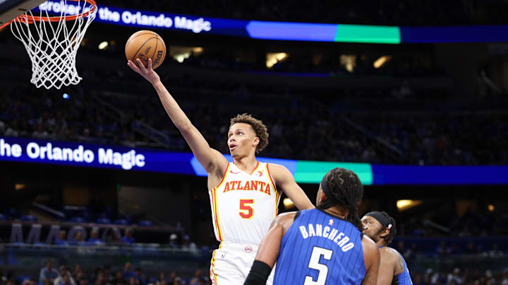 Apr 15, 2025; Orlando, Florida, USA; Atlanta Hawks guard Dyson Daniels (5) shoots the ball against the Orlando Magic in the first quarter at Kia Center. Mandatory Credit: Nathan Ray Seebeck-Imagn Images Apr 15, 2025; Orlando, Florida, USA; Atlanta Hawks guard Dyson Daniels (5) shoots the ball against the Orlando Magic in the first quarter at Kia Center. Mandatory Credit: Nathan Ray Seebeck-Imagn Images