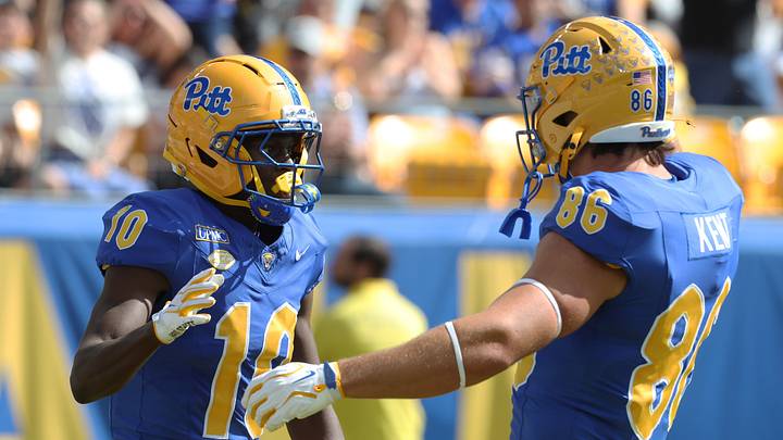 Sep 26, 2026; Pittsburgh, Pennsylvania, USA;  Pittsburgh Panthers wide receiver Censere Lee (10) celebrates his touchdown with tight end Carson Kent (86) against the Bucknell Bison first quarter at Acrisure Stadium.  Mandatory Credit: Charles LeClaire-Imagn Images