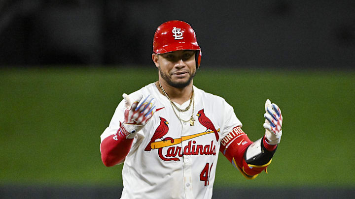 May 3, 2024; St. Louis, Missouri, USA;  St. Louis Cardinals catcher Willson Contreras (40) reacts