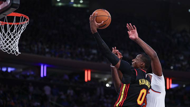 Apr 18, 2026; New York, New York, USA; Atlanta Hawks forward Jonathan Kuminga (0) drives to the basket against New York Knicks guard Jordan Clarkson (00) during the second half of the 2026 NBA Playoffs at Madison Square Garden. Mandatory Credit: Vincent Carchietta-Imagn Images Apr 18, 2026; New York, New York, USA; Atlanta Hawks forward Jonathan Kuminga (0) drives to the basket against New York Knicks guard Jordan Clarkson (00) during the second half of the 2026 NBA Playoffs at Madison Square Garden. Mandatory Credit: Vincent Carchietta-Imagn Images