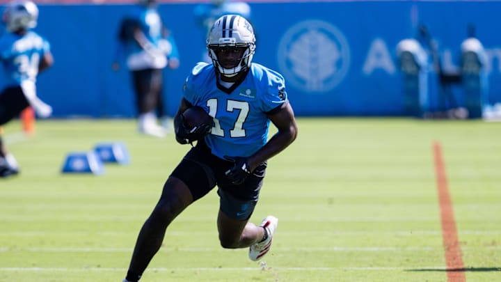 Jul 23, 2025; Charlotte, NC, USA; Carolina Panthers wide receiver Xavier Legette (17) runs with the ball during training camp Mandatory Credit: Scott Kinser-Imagn Images