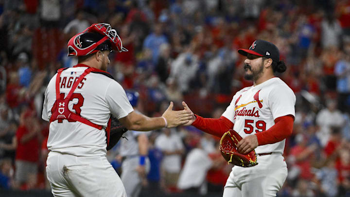 Aug 10, 2025; St. Louis, Missouri, USA; St. Louis Cardinals relief pitcher JoJo Romero (59) celebrates with catcher Pedro Pages (43) after the Cardinals defeated the Chicago Cubs at Busch Stadium. Mandatory Credit: Jeff Curry-Imagn Images Aug 10, 2025; St. Louis, Missouri, USA; St. Louis Cardinals relief pitcher JoJo Romero (59) celebrates with catcher Pedro Pages (43) after the Cardinals defeated the Chicago Cubs at Busch Stadium. Mandatory Credit: Jeff Curry-Imagn Images