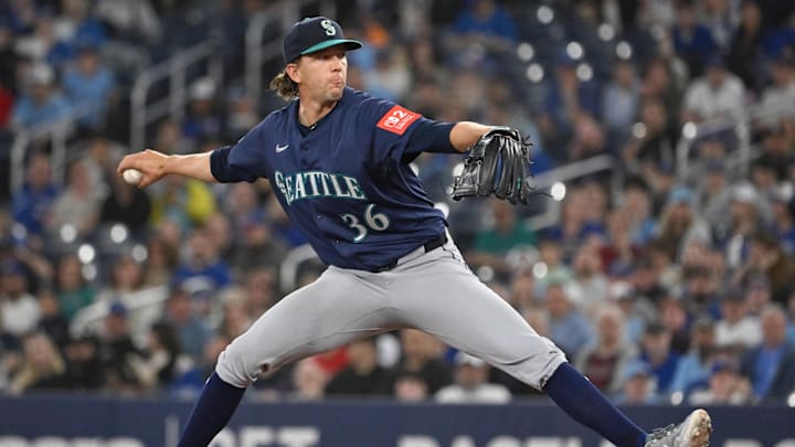 Seattle Mariners starting pitcher Logan Gilbert (36) delivers a pitch against the Toronto Blue Jays in the first inning at Rogers Centre in 2025. Seattle Mariners starting pitcher Logan Gilbert (36) delivers a pitch against the Toronto Blue Jays in the first inning at Rogers Centre in 2025.