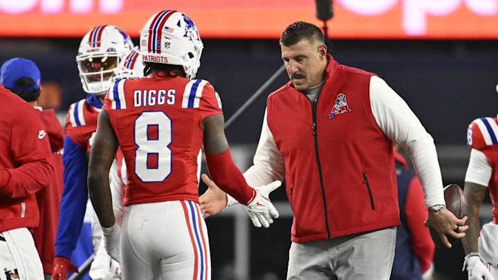 New England Patriots wide receiver Stefon Diggs (8) and New England Patriots head coach Mike Vrabel. New England Patriots wide receiver Stefon Diggs (8) and New England Patriots head coach Mike Vrabel.