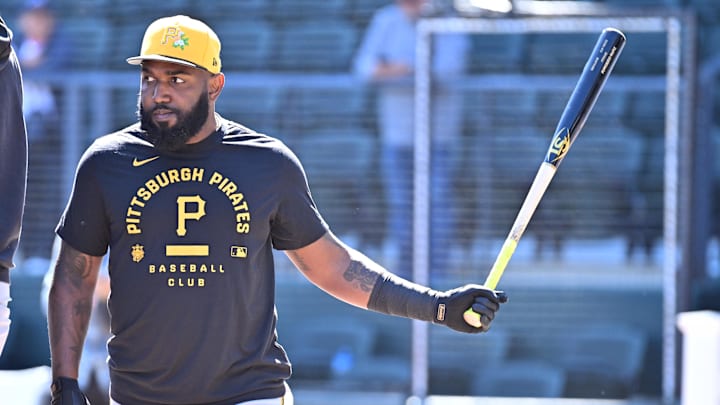 Feb 25, 2026; North Port, Florida, USA; Pittsburgh Pirates designated hitter Marcell Ozuna (24) prepares to take batting practice before the start of the game against the Atlanta Braves during spring training at CoolToday Park. Mandatory Credit: Jonathan Dyer-Imagn Images Feb 25, 2026; North Port, Florida, USA; Pittsburgh Pirates designated hitter Marcell Ozuna (24) prepares to take batting practice before the start of the game against the Atlanta Braves during spring training at CoolToday Park. Mandatory Credit: Jonathan Dyer-Imagn Images
