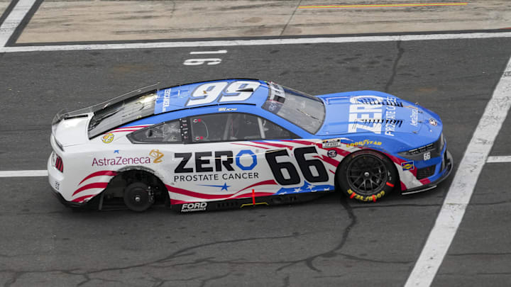 May 25, 2025; Concord, North Carolina, USA; NASCAR Cup Series driver Josh Bilicki (66) drives back down pit road after his right rear tire came off after a pit stop during the Coca Cola 600 at Charlotte Motor Speedway.