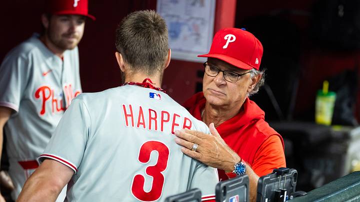 Sep 2, 2026; Phoenix, Arizona, USA; Philadelphia Phillies manager Don Mattingly greets outfielder Bryce Harper prior to the game against the Arizona Diamondbacks at Chase Field. Mandatory Credit: Mark J. Rebilas-Imagn Images