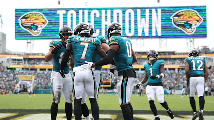 Oct 6, 2024; Jacksonville, Florida, USA; Jacksonville Jaguars wide receiver Brian Thomas Jr. (7) celebrates after scoring a touchdown against the Indianapolis Colts in the second quarter at EverBank Stadium. Mandatory Credit: Nathan Ray Seebeck-Imagn Images Oct 6, 2024; Jacksonville, Florida, USA; Jacksonville Jaguars wide receiver Brian Thomas Jr. (7) celebrates after scoring a touchdown against the Indianapolis Colts in the second quarter at EverBank Stadium. Mandatory Credit: Nathan Ray Seebeck-Imagn Images