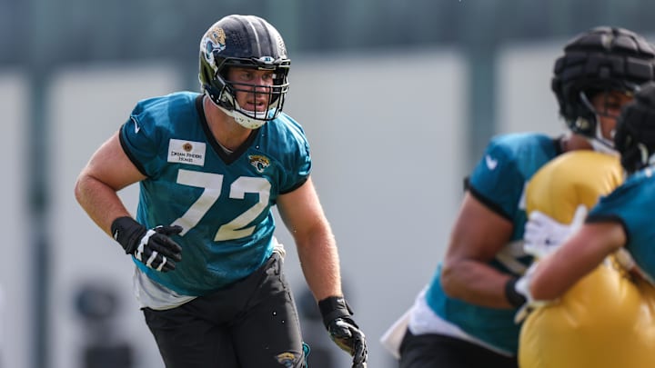 Jul 26, 2024; Jacksonville, FL, USA; Jacksonville Jaguars offensive tackle Walker Little (72) participates in training camp at Miller Electric Center. Mandatory Credit: Nathan Ray Seebeck-Imagn Images