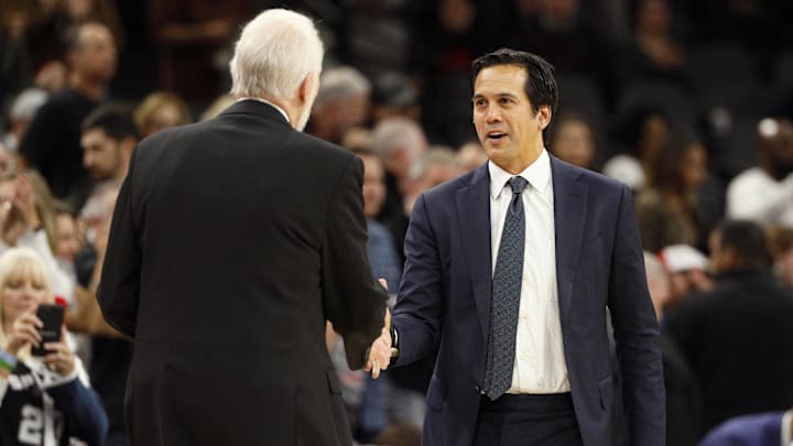 Dec 6, 2017; San Antonio, TX, USA; San Antonio Spurs head coach Gregg Popovich (left) and Miami Heat head coach Erik Spoelstra shake hands following the game at AT&T Center. Mandatory Credit: Soobum Im-USA TODAY Sports