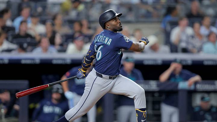 Aug 11, 2026; Bronx, New York, USA; Seattle Mariners left fielder Randy Arozarena (56) follows through on a solo home run against the New York Yankees during the sixth inning at Yankee Stadium. Mandatory Credit: Brad Penner-Imagn Images