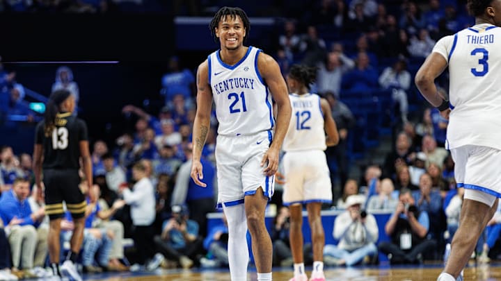 Mar 6, 2024; Lexington, Kentucky, USA; Kentucky Wildcats guard D.J. Wagner (21) reacts after a