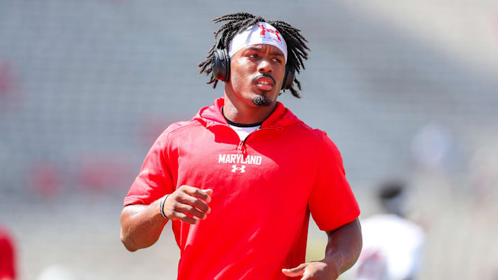 Sep 4, 2021; College Park, Maryland, USA; Maryland Terrapins defensive back Nick Cross (3) warms up prior to their game against the West Virginia Mountaineers at Capital One Field at Maryland Stadium. Mandatory Credit: Ben Queen-Imagn Images