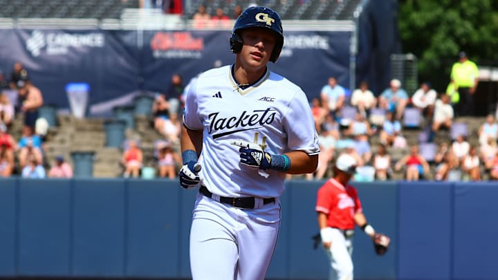May 30, 2025; Oxford, MS, USA;  Georgia Tech Yellowjackets outfielder Alex Hernandez (4) runs the bases after a three home run during the first inning against the Western Kentucky Hilltoppers. Mandatory Credit: Petre Thomas-Imagn Images