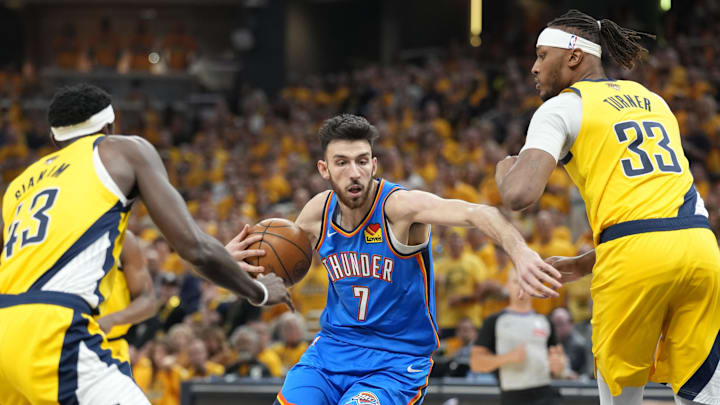 Jun 11, 2025; Indianapolis, Indiana, USA; Oklahoma City Thunder forward Chet Holmgren (7) drives to the basket against Indiana Pacers forward Pascal Siakam (43) and center Myles Turner (33) during the first half during game three of the 2025 NBA Finals at Gainbridge Fieldhouse. Mandatory Credit: Kyle Terada-Imagn Images