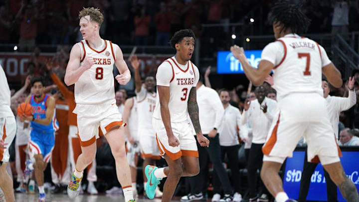 Texas Longhorns guard Dailyn Swain reacts to a basket at the end of the second half against the Mississippi Rebels 