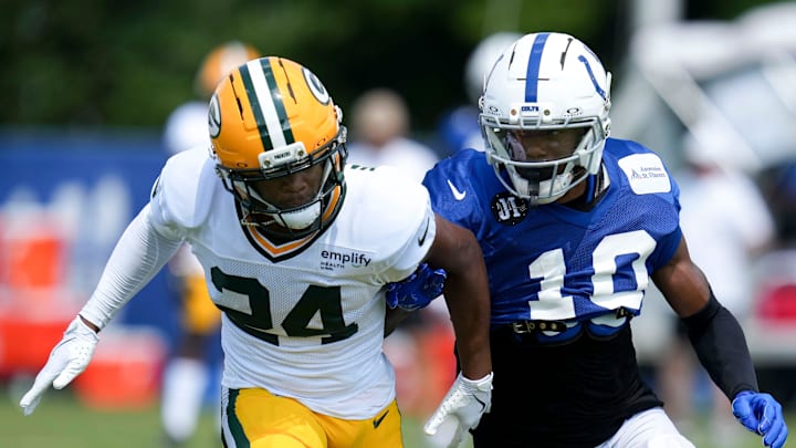 Green Bay Packers cornerback Carrington Valentine (24) goes against Indianapolis Colts wide receiver Adonai Mitchell. Green Bay Packers cornerback Carrington Valentine (24) goes against Indianapolis Colts wide receiver Adonai Mitchell.