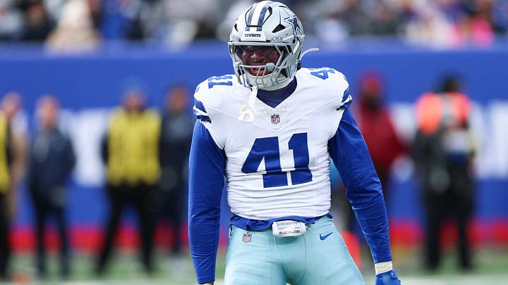 Dallas Cowboys defensive end Donovan Ezeiruaku (41) celebrates after a play during the first quarter against the New York Giants at MetLife Stadium. Mandatory Credit: Vincent Carchietta-Imagn Images Dallas Cowboys defensive end Donovan Ezeiruaku (41) celebrates after a play during the first quarter against the New York Giants at MetLife Stadium. Mandatory Credit: Vincent Carchietta-Imagn Images