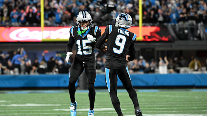 Carolina Panthers quarterback Bryce Young (9) and wide receiver Jimmy Horn Jr. 
