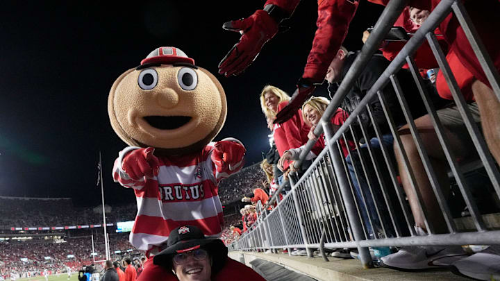 Sept. 7, 2024; Columbus, Ohio, USA;
Brutus Buckeye greets fans during the second half of an NCAA Division I football game against the Western Michigan Broncos on Saturday at Ohio Stadium.