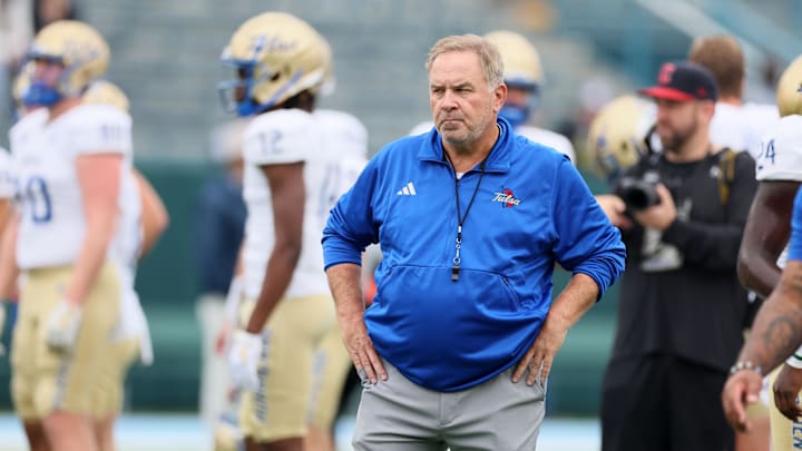 Nov 11, 2023; New Orleans, Louisiana, USA; Tulsa Golden Hurricane head coach Kevin Wilson before their game against the Tulane Green Wave at Yulman Stadium. Mandatory Credit: Matthew Dobbins-Imagn Images