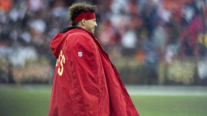 Dec 15, 2024; Cleveland, Ohio, USA; Kansas City Chiefs quarterback Patrick Mahomes (15) walks to the sideline during a timeout in the fourth quarter against the Cleveland Browns at Huntington Bank Field. Mandatory Credit: Scott Galvin-Imagn Images