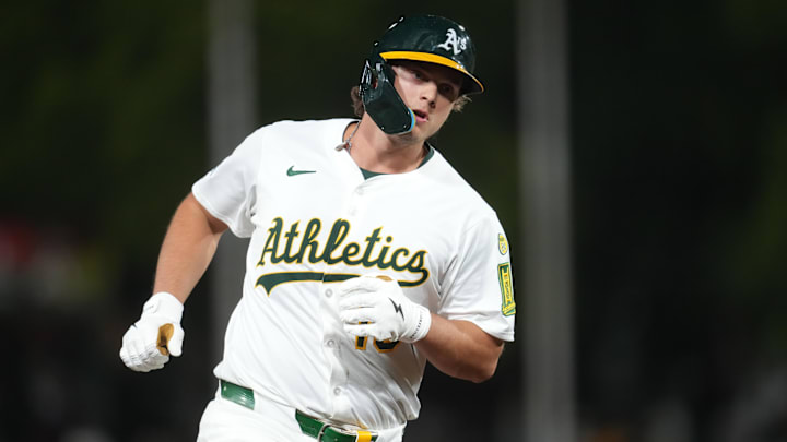 Athletics first baseman Nick Kurtz (16) rounds third bases after hitting a home run against the Los Angeles Angels in the seventh inning at Sutter Health Park. Athletics first baseman Nick Kurtz (16) rounds third bases after hitting a home run against the Los Angeles Angels in the seventh inning at Sutter Health Park.