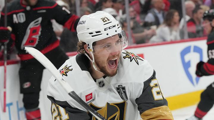 Jun 4, 2026; Raleigh, North Carolina, USA; Vegas Golden Knights center Brett Howden (21) celebrates scoring during the second period against the Carolina Hurricanes in game two of the 2026 Stanley Cup Final at Lenovo Center. Mandatory Credit: James Guillory-Imagn Images Jun 4, 2026; Raleigh, North Carolina, USA; Vegas Golden Knights center Brett Howden (21) celebrates scoring during the second period against the Carolina Hurricanes in game two of the 2026 Stanley Cup Final at Lenovo Center. Mandatory Credit: James Guillory-Imagn Images