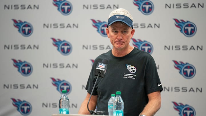 Tennessee Titans Coach Mike McCoy addresses the media after their game against the New England Patriots at Nissan Stadium in Nashville, Tenn., Sunday, Oct. 19, 2025. The Patriots beat the Titans 31-13.
