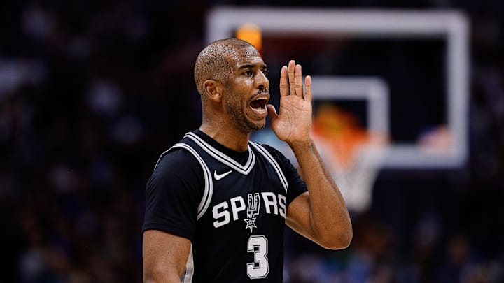 Jan 3, 2025; Denver, Colorado, USA; San Antonio Spurs guard Chris Paul (3) in the third quarter against the Denver Nuggets at Ball Arena. Jan 3, 2025; Denver, Colorado, USA; San Antonio Spurs guard Chris Paul (3) in the third quarter against the Denver Nuggets at Ball Arena.