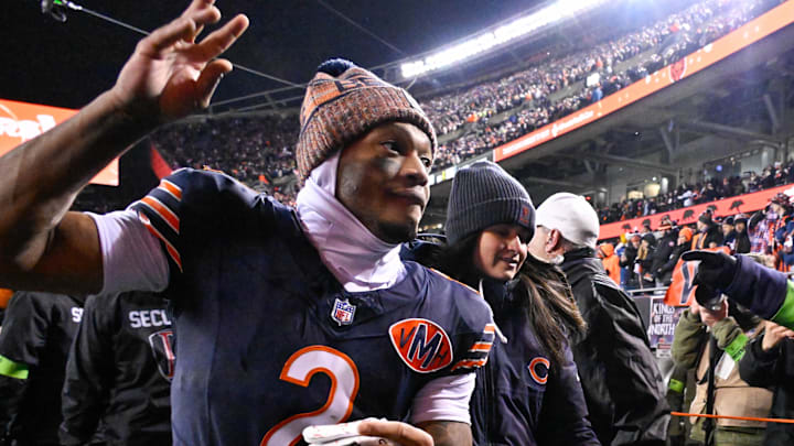 Jan 10, 2026; Chicago, IL, USA;  Chicago Bears wide receiver DJ Moore (2) leaves the field following a game against the Green Bay Packers in an NFC Wild Card Round game at Soldier Field. Mandatory Credit: Matt Marton-Imagn Images