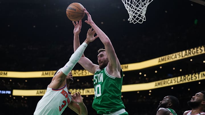 May 7, 2025; Boston, Massachusetts, USA; Boston Celtics center Luke Kornet (40) grabs the rebound against New York Knicks guard Josh Hart (3) in the second quarter during game two of the second round for the 2025 NBA Playoffs at TD Garden. Mandatory Credit: David Butler II-Imagn Images May 7, 2025; Boston, Massachusetts, USA; Boston Celtics center Luke Kornet (40) grabs the rebound against New York Knicks guard Josh Hart (3) in the second quarter during game two of the second round for the 2025 NBA Playoffs at TD Garden. Mandatory Credit: David Butler II-Imagn Images