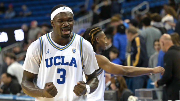 Feb 1, 2024; Los Angeles, California, USA; UCLA Bruins forward Adem Bona (3) celebrates defeating the Oregon State Beavers at Pauley Pavilion presented by Wescom. Mandatory Credit: Jayne Kamin-Oncea-USA TODAY Sports