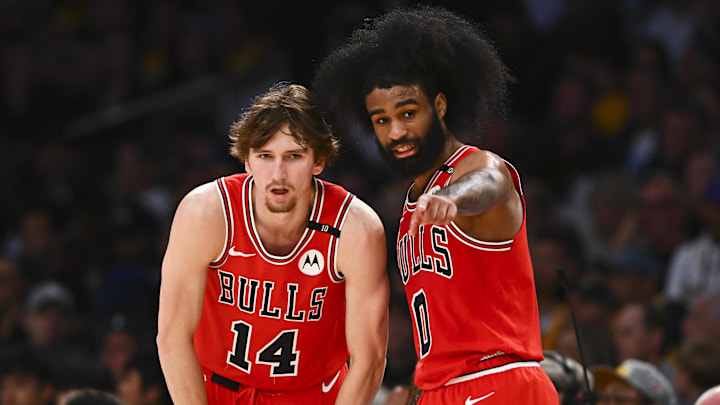 Mar 22, 2025; Los Angeles, California, USA; Chicago Bulls guard Coby White (0) points with Chicago Bulls forward Matas Buzelis (14) against the Los Angeles Lakers during the second half at Crypto.com Arena. Mandatory Credit: Jonathan Hui-Imagn Images Mar 22, 2025; Los Angeles, California, USA; Chicago Bulls guard Coby White (0) points with Chicago Bulls forward Matas Buzelis (14) against the Los Angeles Lakers during the second half at Crypto.com Arena. Mandatory Credit: Jonathan Hui-Imagn Images