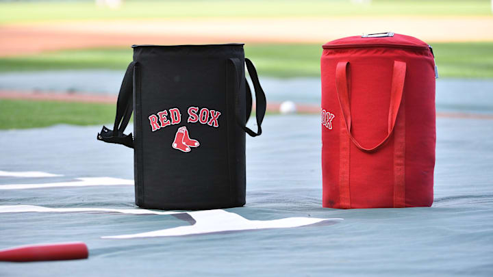 Jun 5, 2019; Kansas City, MO, USA; A general view of ball bags on the field during warm ups before a game against the Kansas City Royals at Kauffman Stadium. Mandatory Credit: Denny Medley-Imagn Images