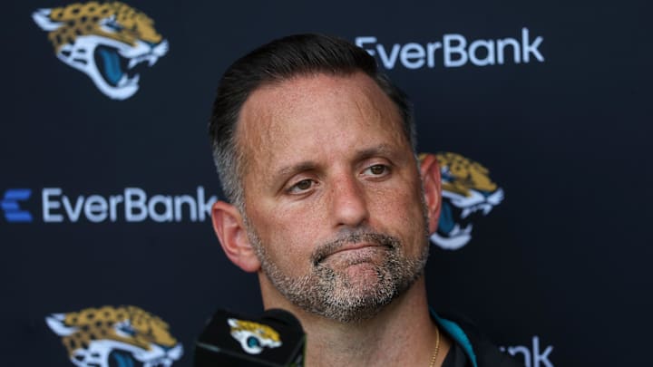 Jul 24, 2025; Jacksonville, FL, USA; Jacksonville Jaguars defensive coordinator Anthony Campanile talks to media during training camp at Miller Electric Center. Mandatory Credit: Nathan Ray Seebeck-Imagn Images