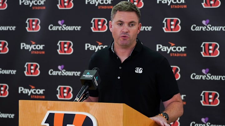 Cincinnati Bengals head coach Zac Taylor speaks at a press conference, Saturday, April 26, 2025, at Paycor Stadium in Downtown Cincinnati.