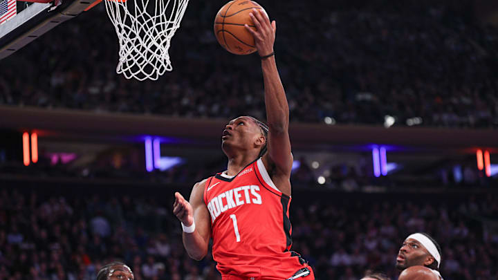 Feb 3, 2025; New York, New York, USA; Houston Rockets forward Amen Thompson (1) goes to the basket during the first half against the New York Knicks at Madison Square Garden. Mandatory Credit: Vincent Carchietta-Imagn Images Feb 3, 2025; New York, New York, USA; Houston Rockets forward Amen Thompson (1) goes to the basket during the first half against the New York Knicks at Madison Square Garden. Mandatory Credit: Vincent Carchietta-Imagn Images