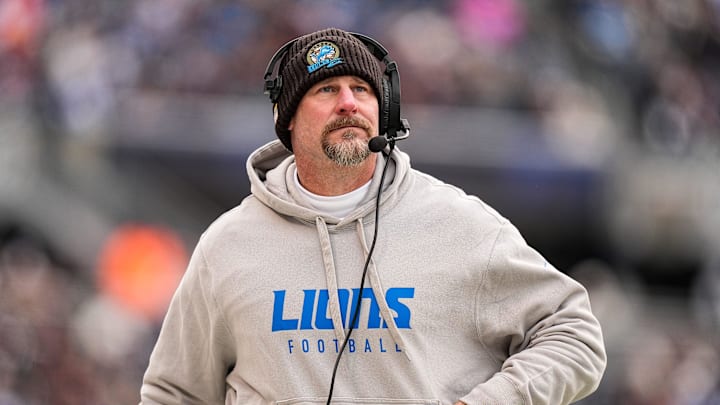 Detroit Lions head coach Dan Campbell watches a play against Chicago Bears during the first half at Soldier Field in Chicago, Ill. on Sunday, Dec. 22, 2024.